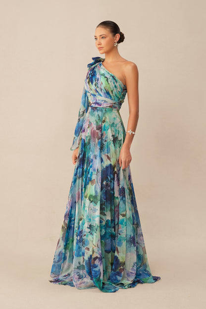 Blue One-Shoulder Pleated Chiffon Maxi Dress - view 5