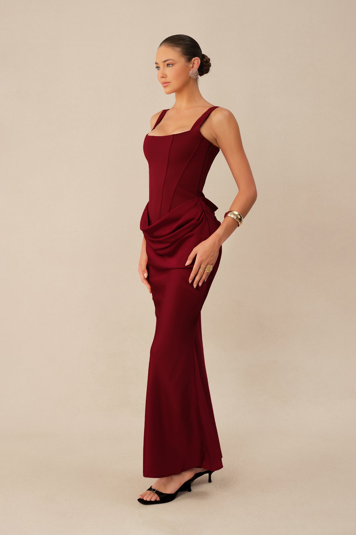 Red square neck corset maxi dress with draped waist - view 5