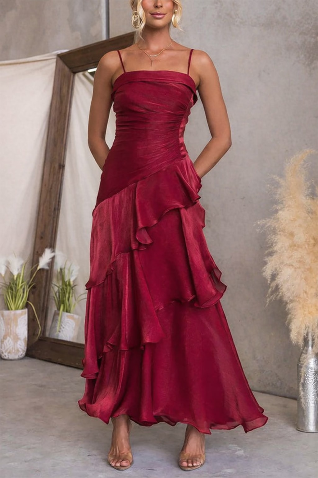 Polyester Maxi Dress With Square Neck And Ruffles - 4
