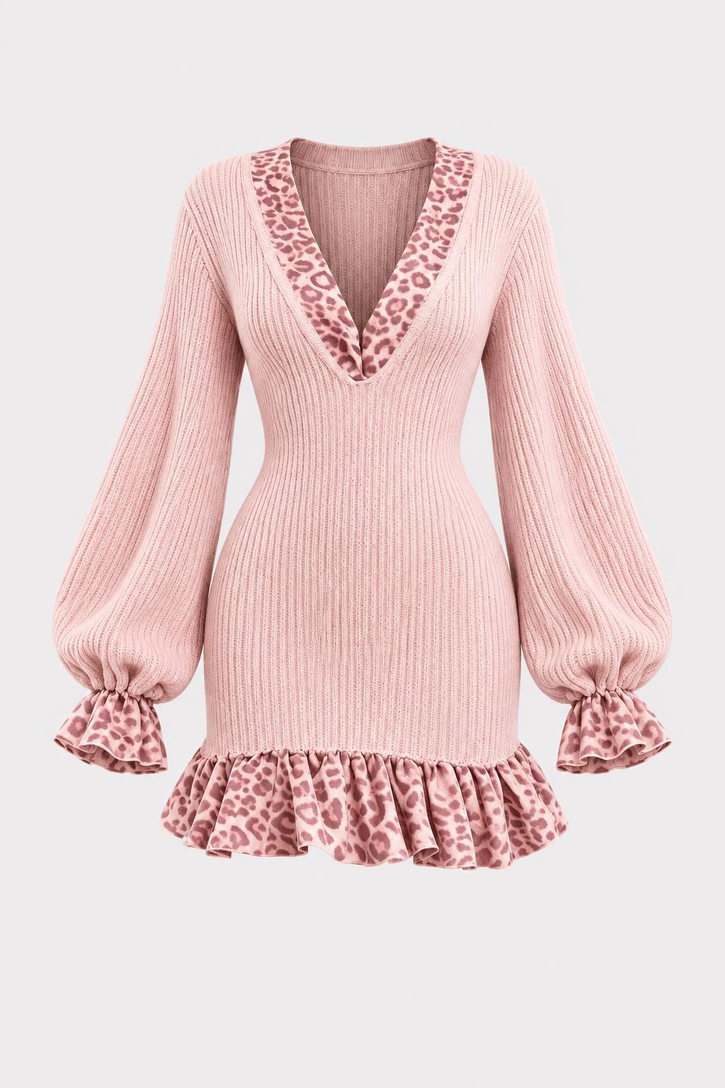 Ribbed Knit Mini Dress With Leopard Print Panels - 1