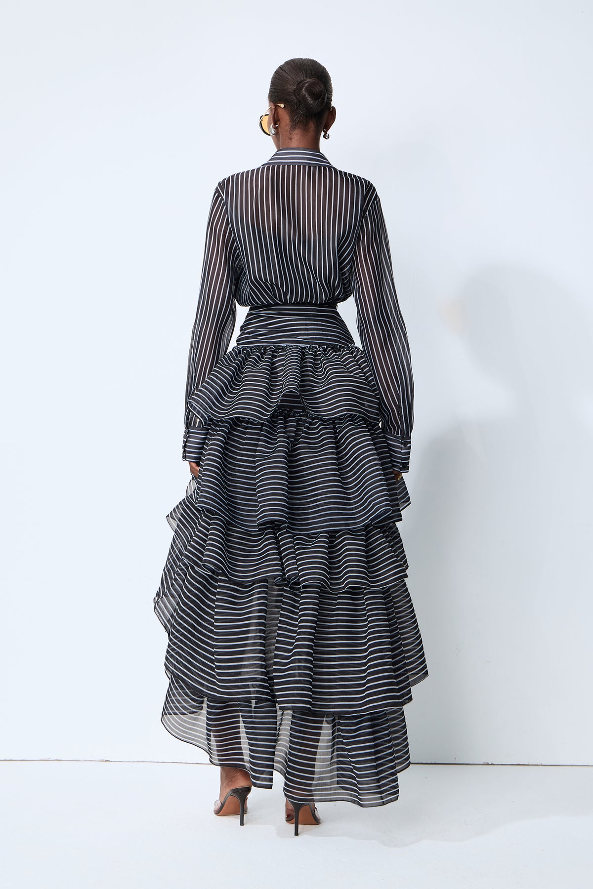 Black striped shirt and tiered skirt set - view 4