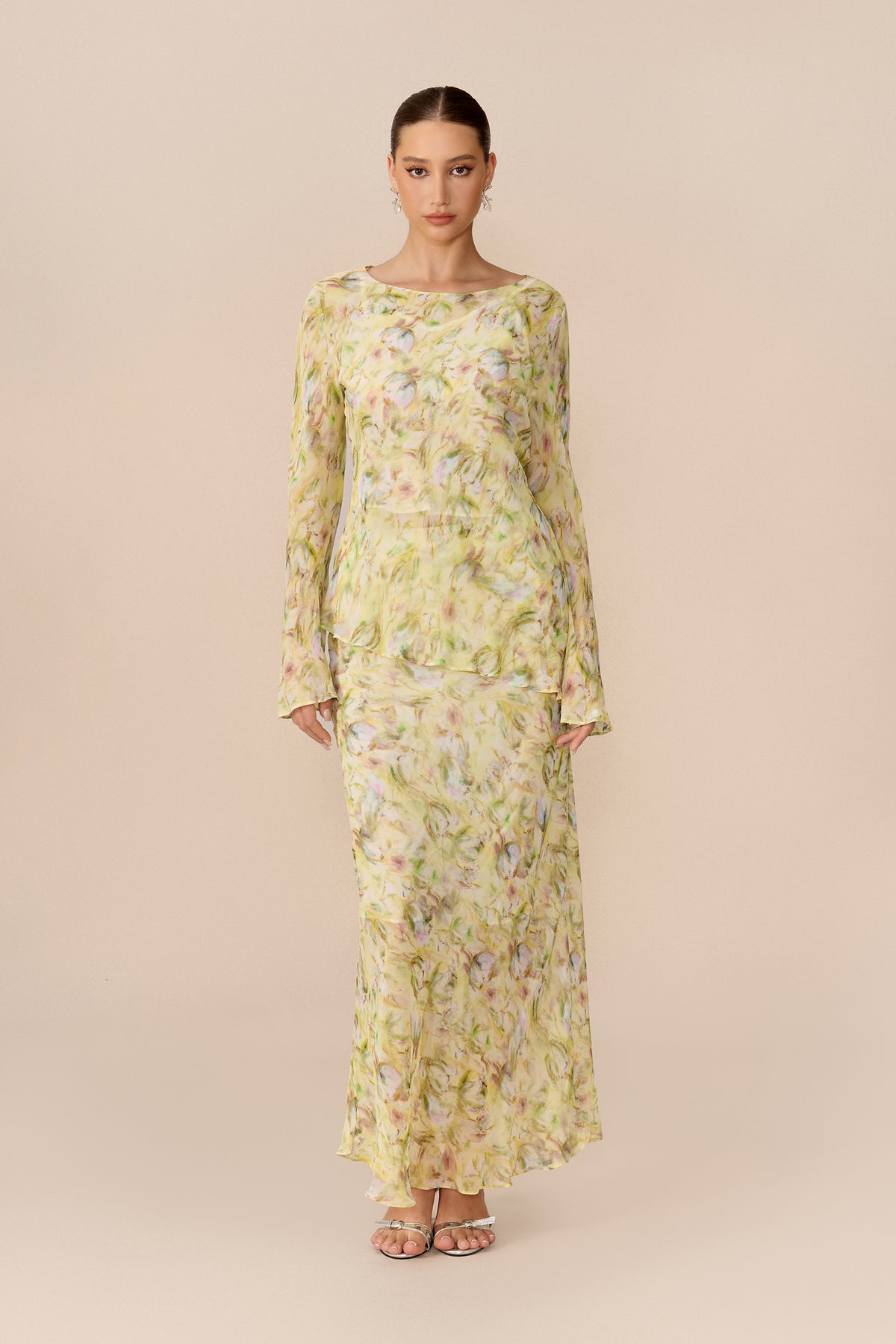 Yellow Floral Chiffon Top and Maxi Skirt Set - view 2