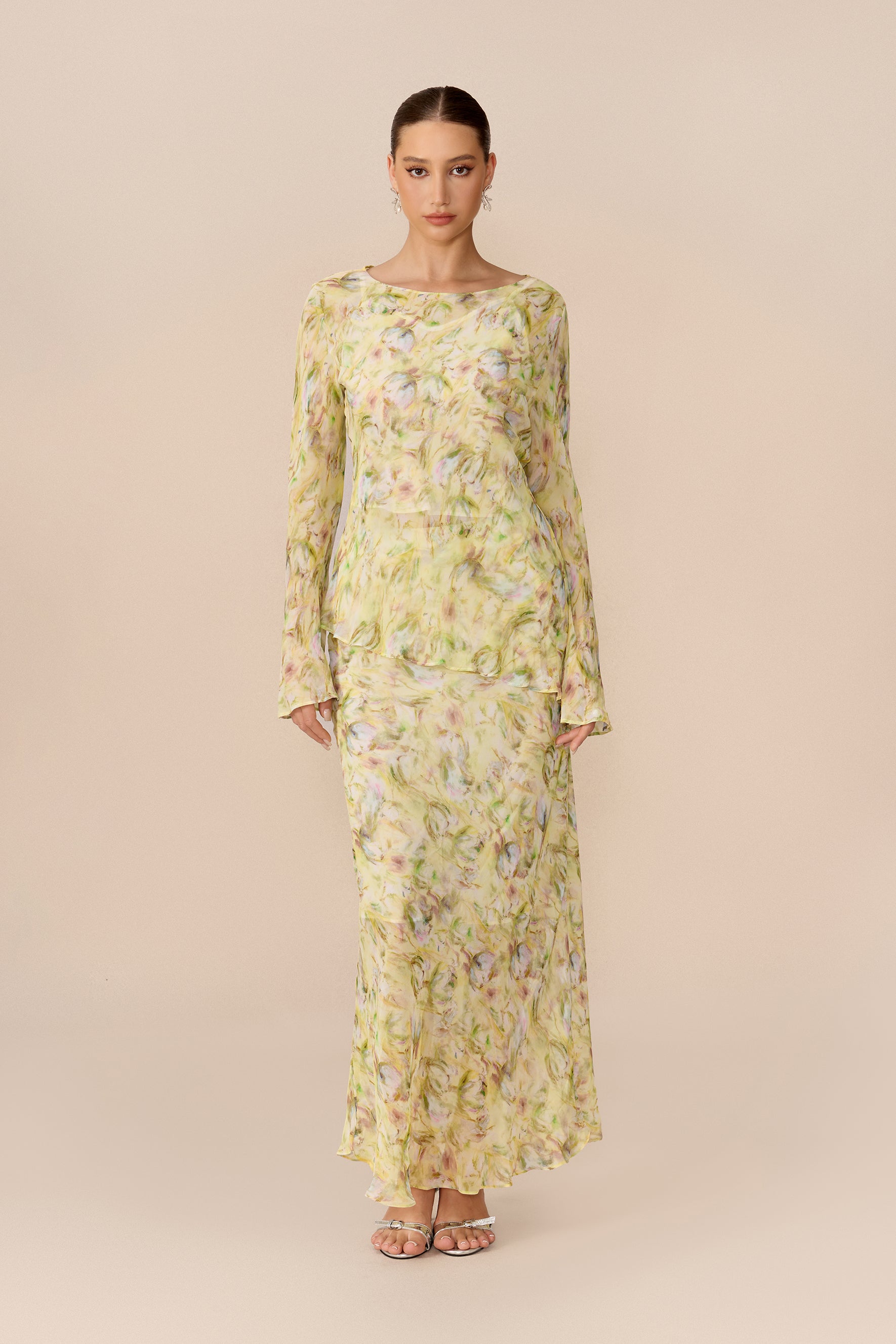 Yellow Floral Chiffon Top and Maxi Skirt Set - view 2