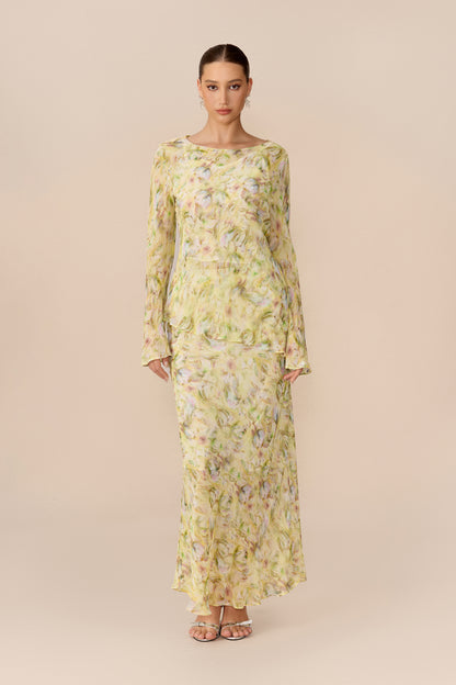 Yellow Floral Chiffon Top and Maxi Skirt Set - view 2