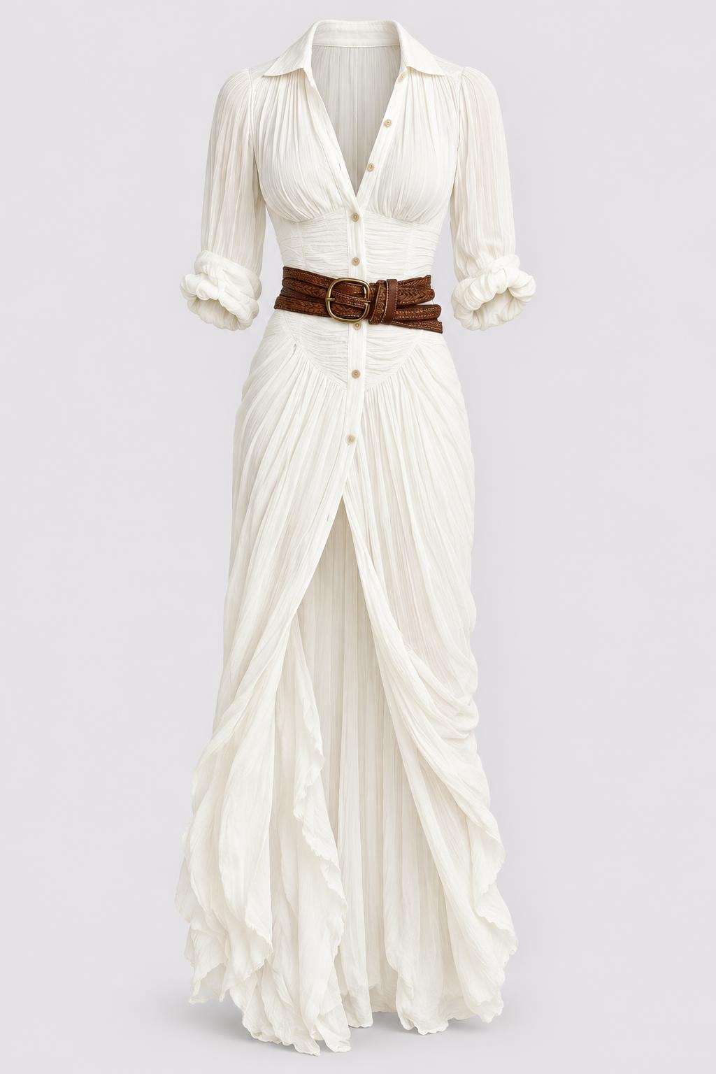 Breathable Blend Midi Dress With Pleated Lapels - 1