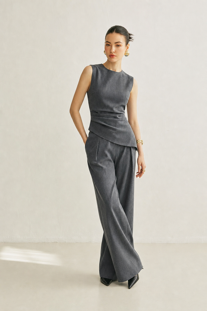 Woven asymmetric top and pleated pants set - view 3