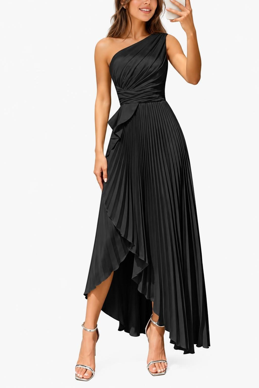 Satin Maxi Dress With One-Shoulder Neckline - 7