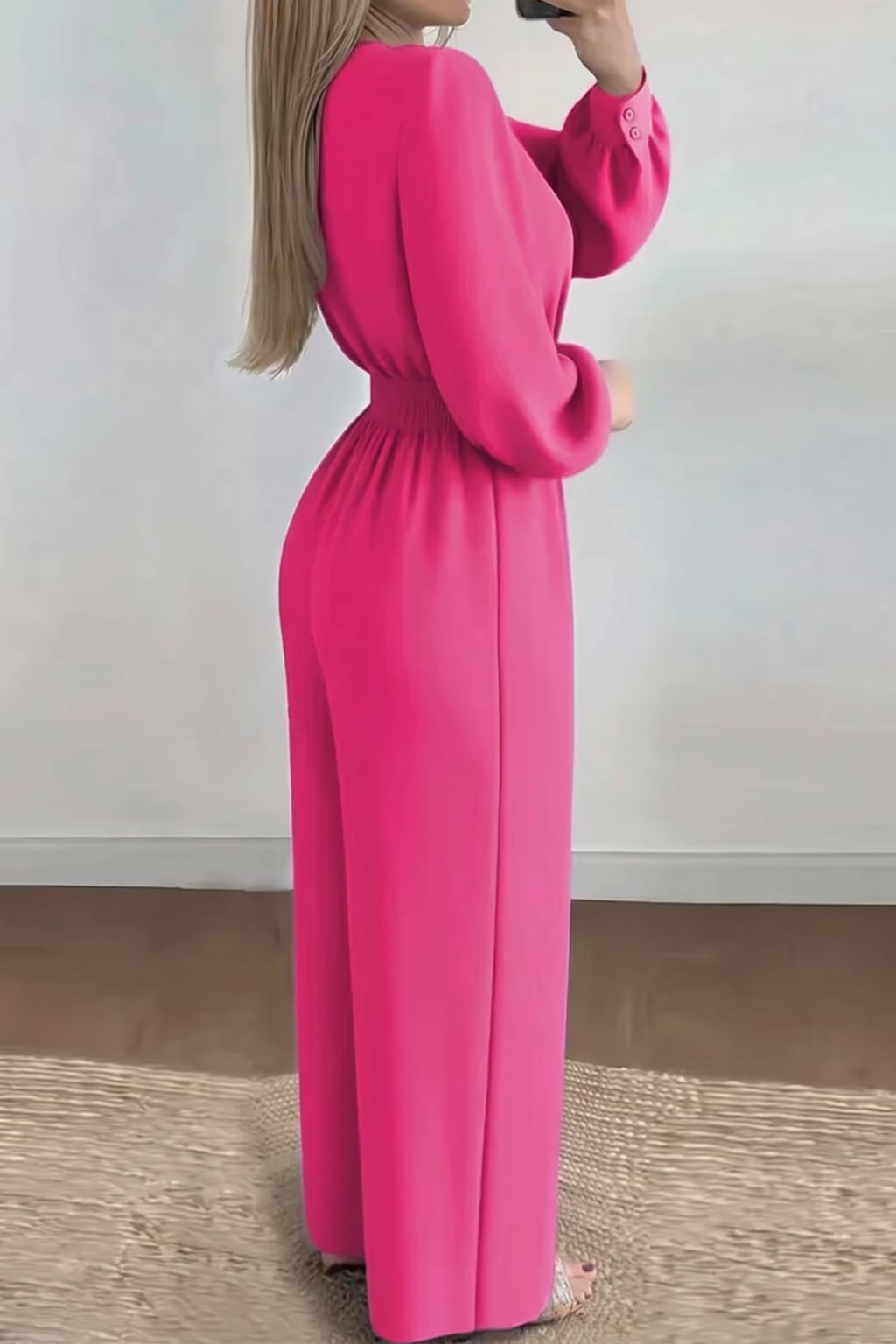Cotton Long Sleeve Wide Leg Jumpsuit With Belt - 10