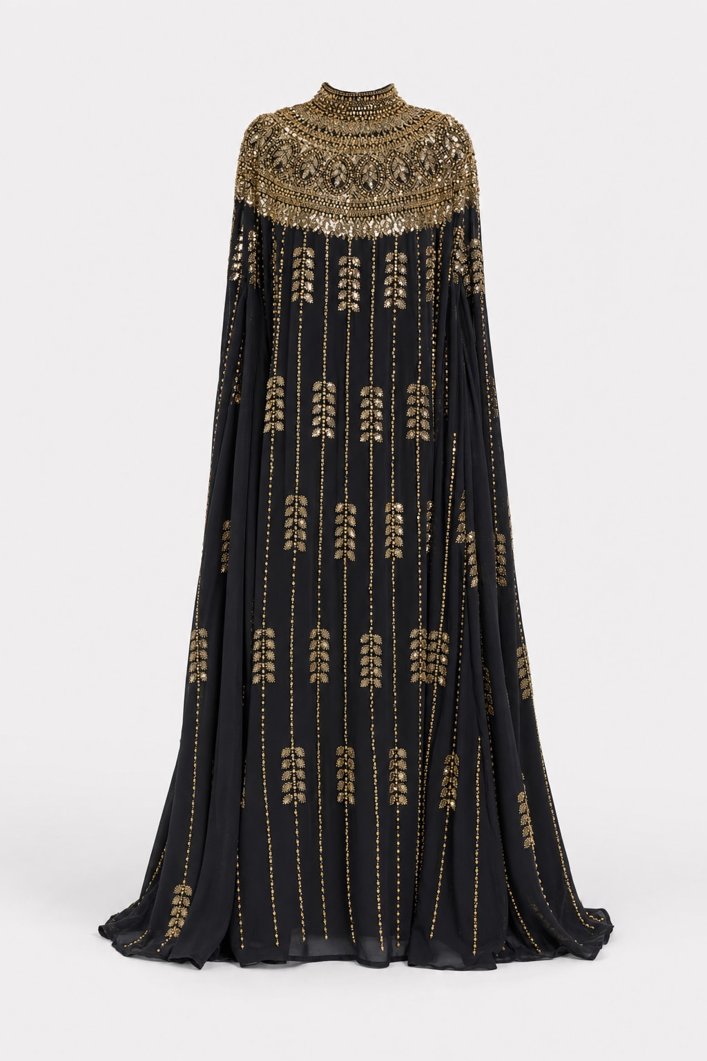 Beaded Rhinestone Cape-Sleeve Maxi Dress - 1