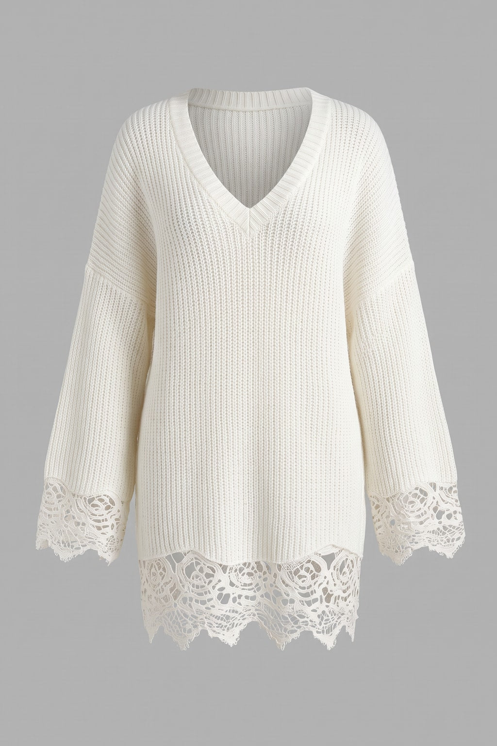 Crochet Lace Knit Sweater Dress Oversized V-Neck - 1
