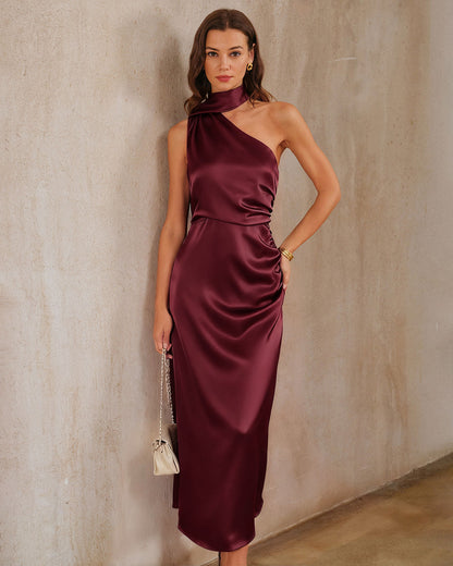 Wine Red One-Shoulder Satin Maxi Dress - view 2
