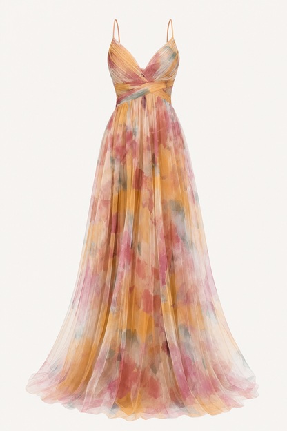Tulle floral maxi dress with cutout waist