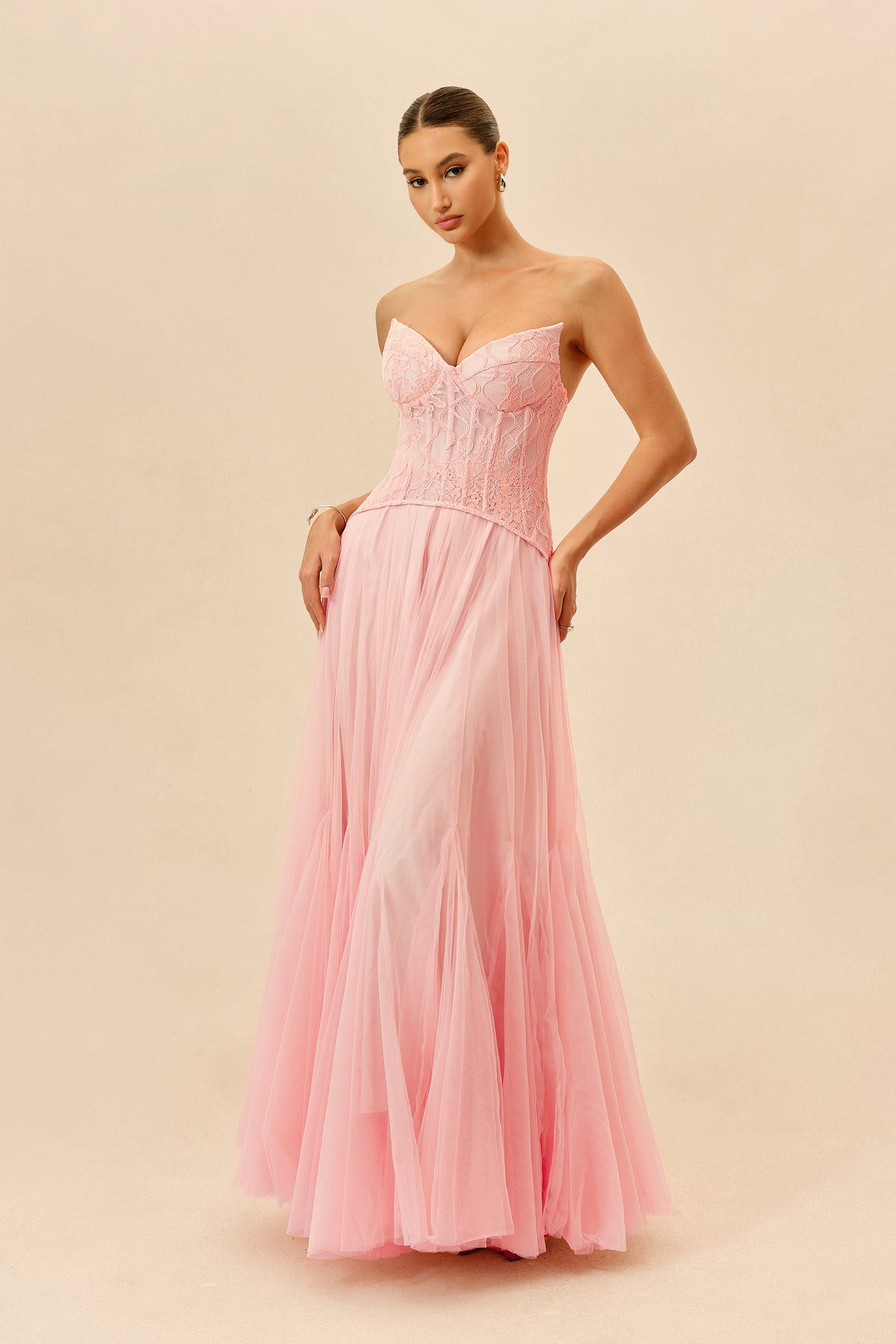 Pink Lace Bustier Organza Maxi Dress - view 5