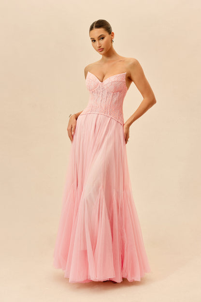 Pink Lace Bustier Organza Maxi Dress - view 5