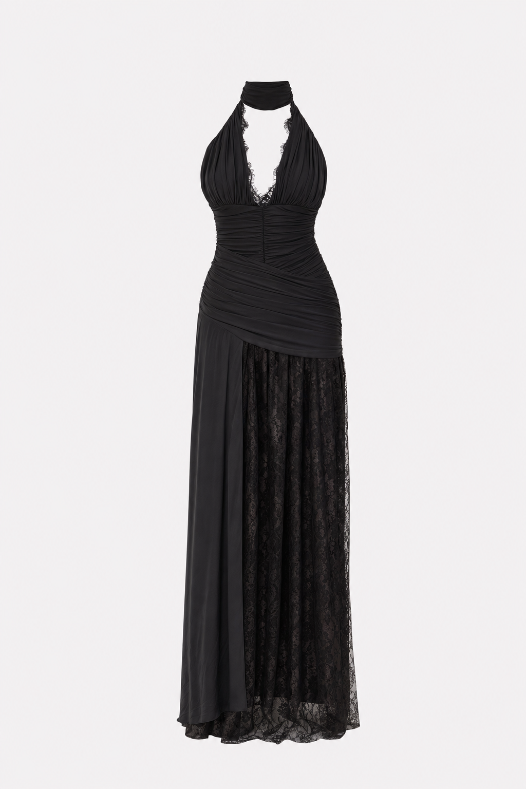 Black ruched deep V-neck maxi dress