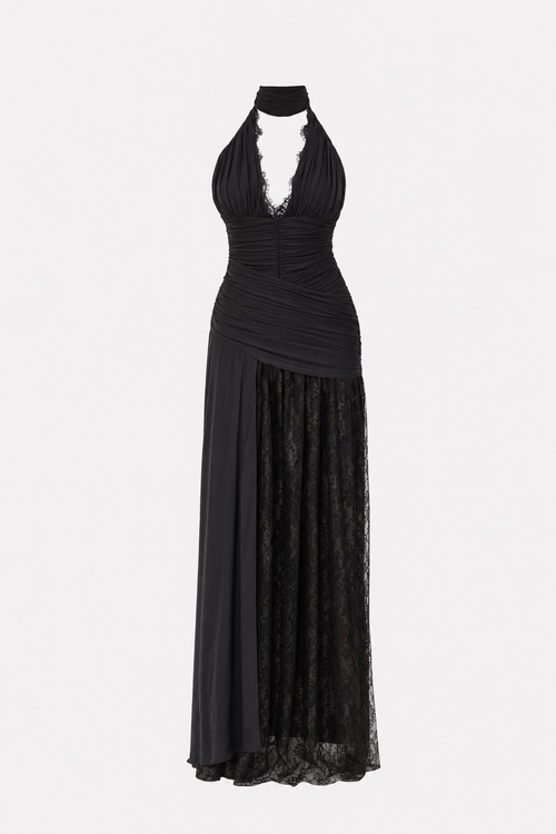 Black ruched deep V-neck maxi dress
