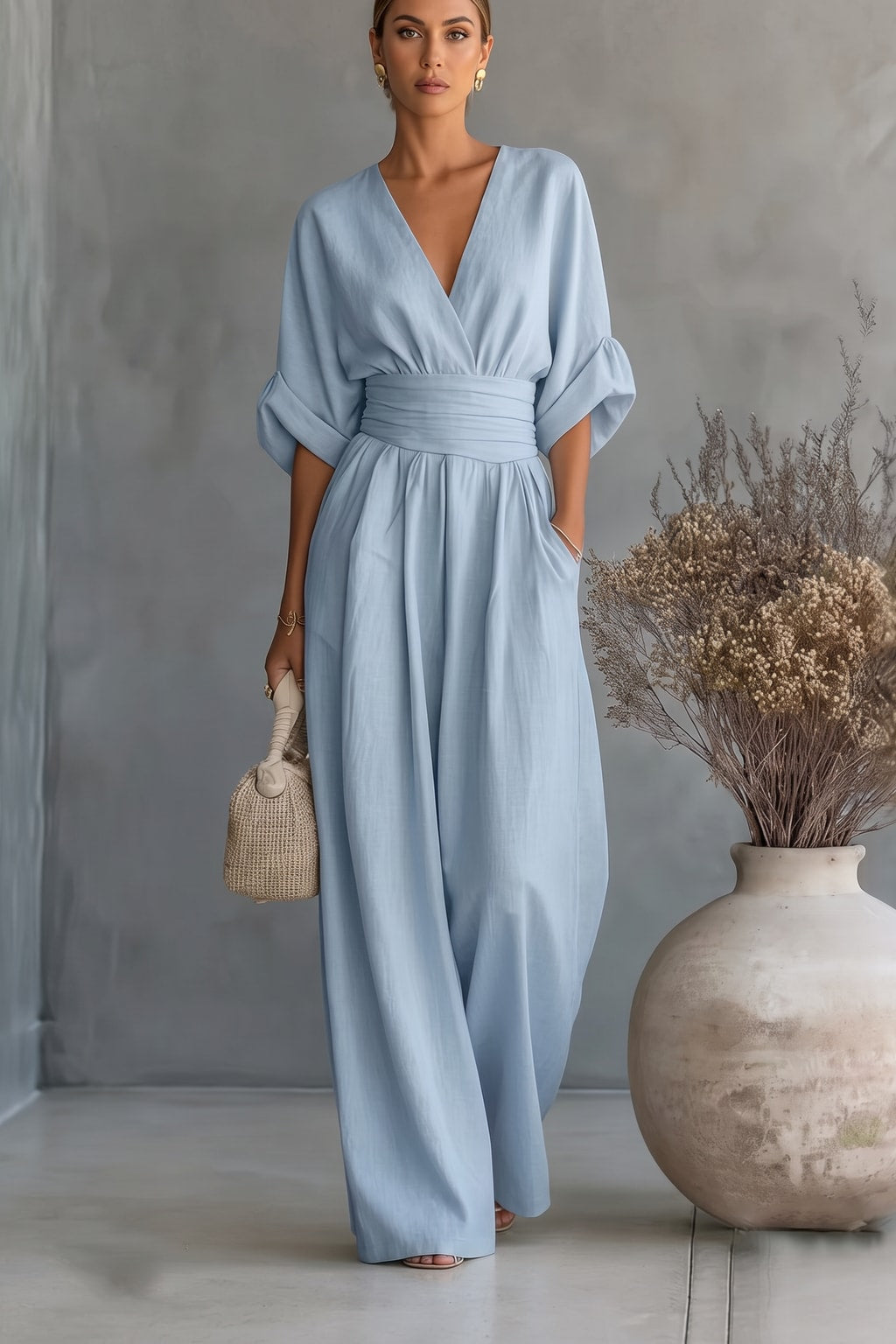 Polyester Wide Leg Jumpsuit With Ruched Detail - 2