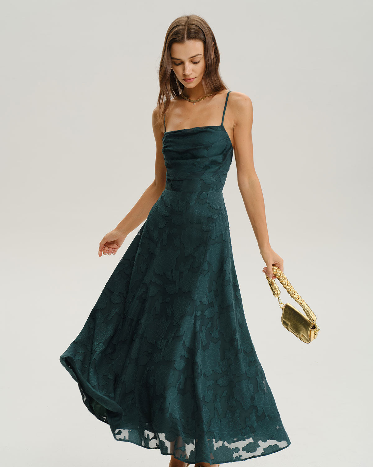 Green Jacquard Maxi Dress with Lace-Up Back - view 5