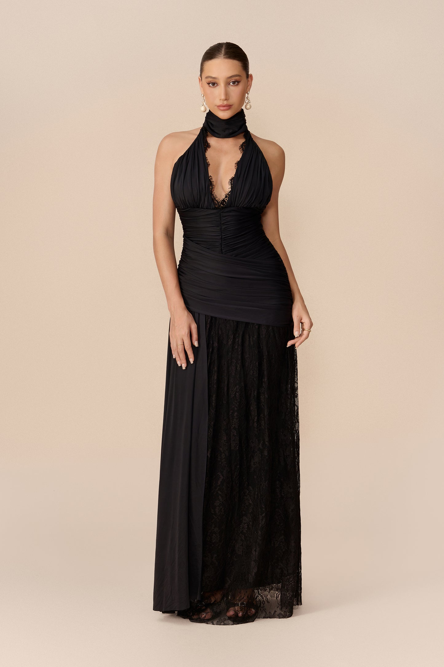 Black ruched deep V-neck maxi dress - view 2