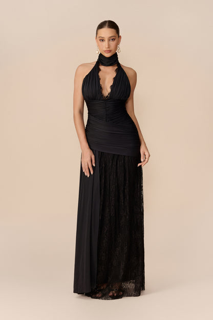 Black ruched deep V-neck maxi dress - view 2