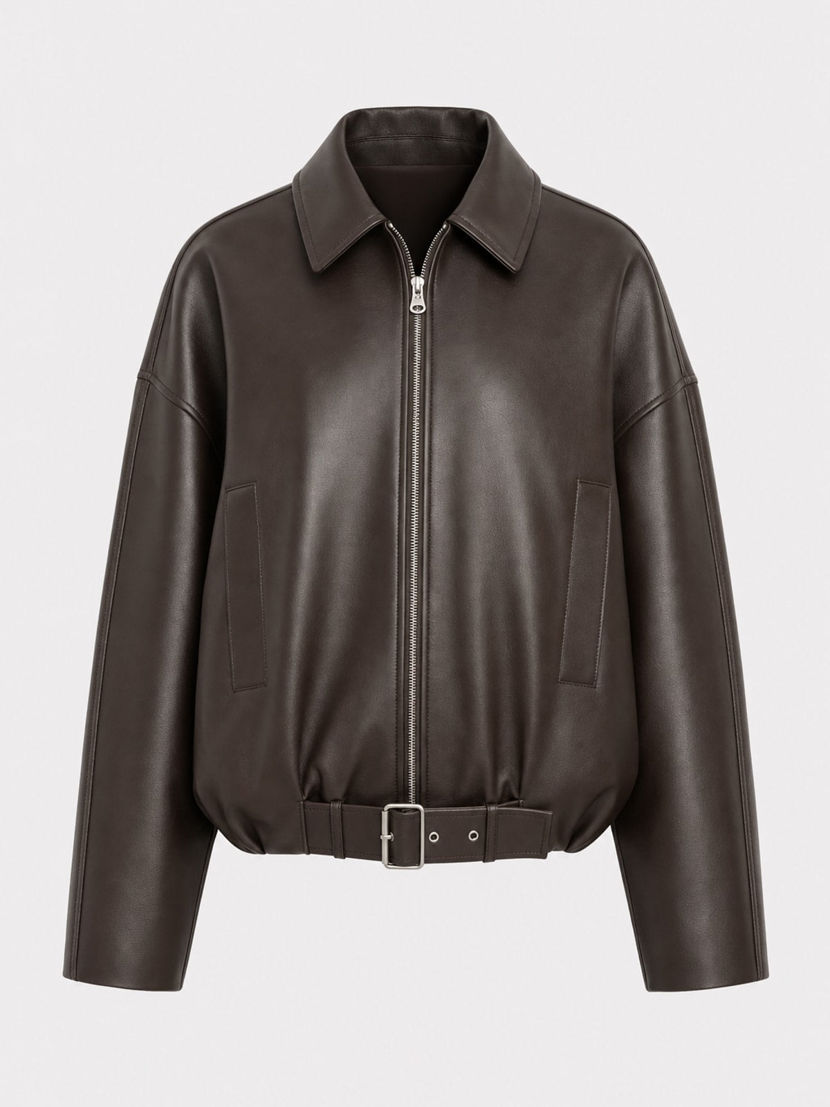 Effortless Leather Jacket with Oversized Belted Fit - 1