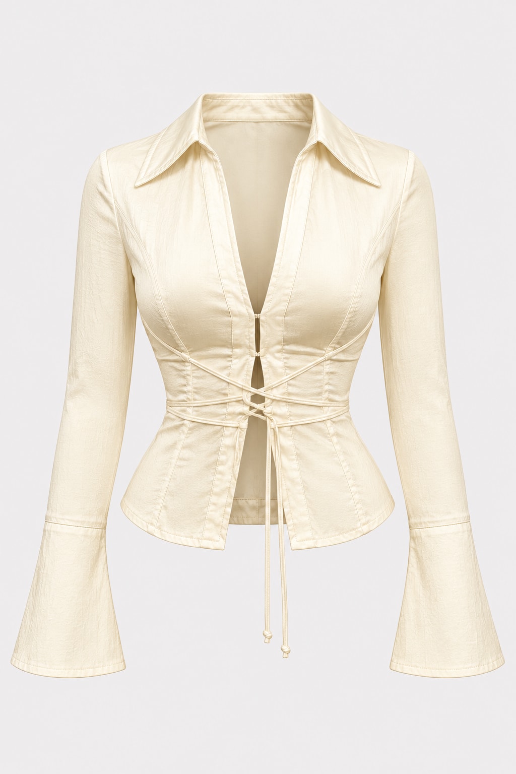 Lace-Up Shirt Fitted Cropped Lapel Top - 1