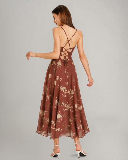 Red floral chiffon maxi dress with square neckline - view 3