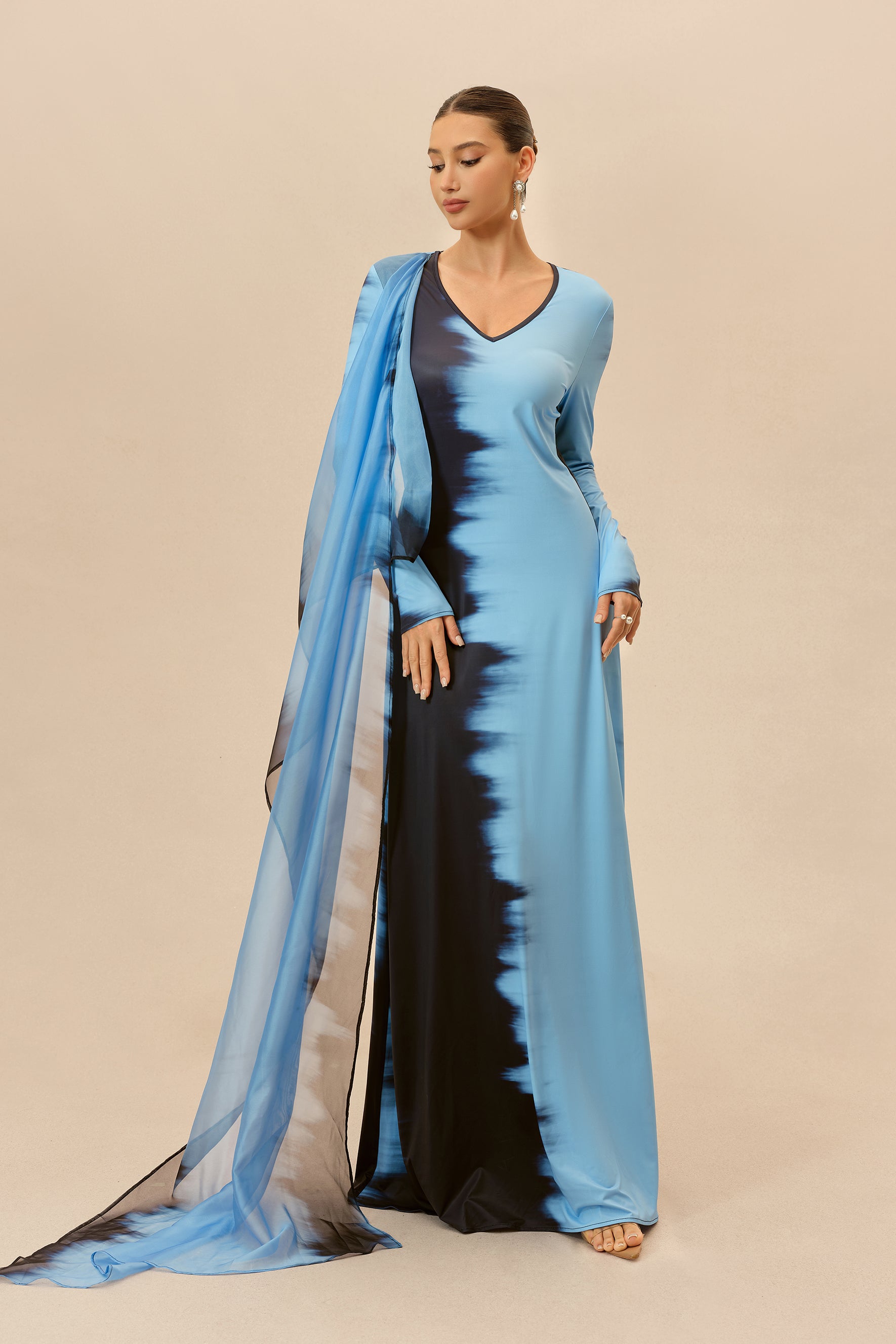 Blue Ombre Tie-Dye Maxi Dress with Cape Drape - view 5