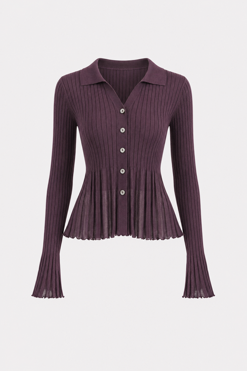 Purple ribbed knit button-front cardigan
