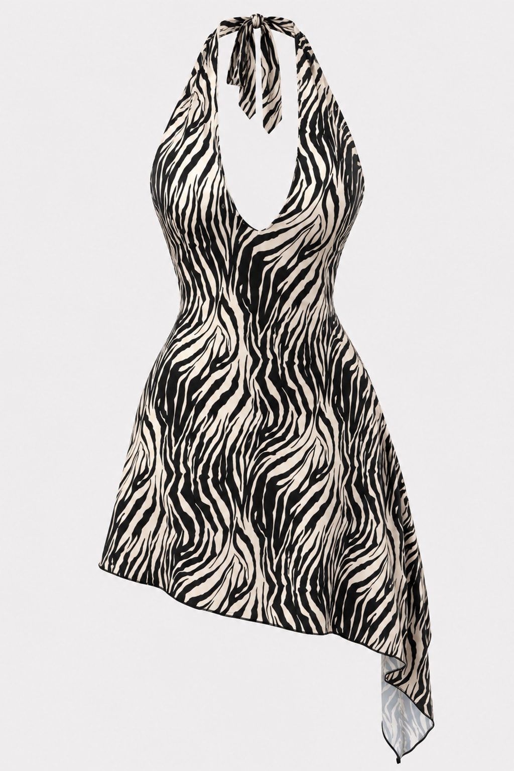 Animal print halter mini dress with a deep plunge front, open back and pointed asymmetric hem