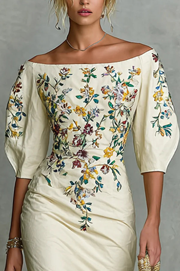 Off-Shoulder Puff Sleeve Floral Midi Dress - view 3