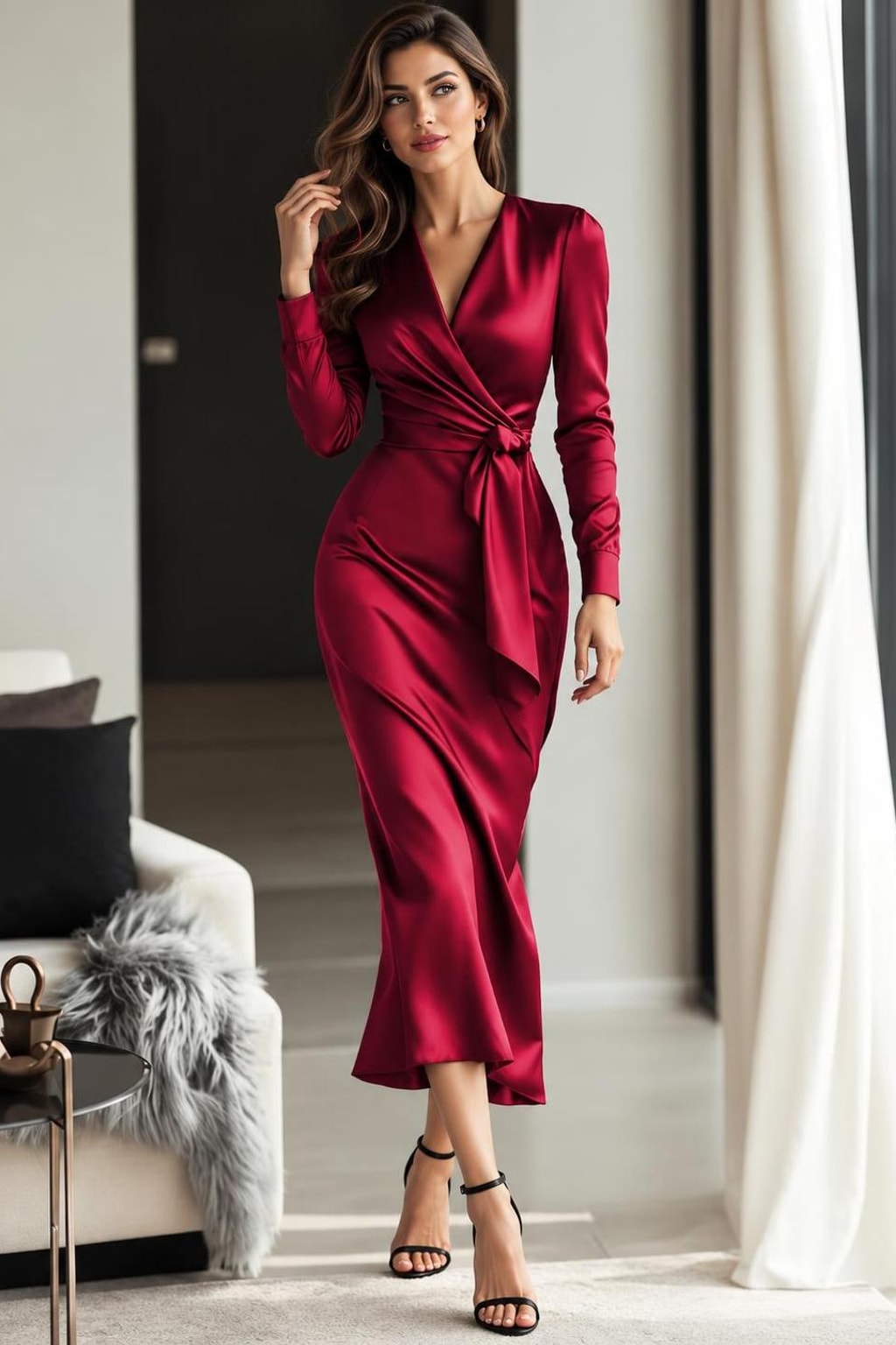 Satin Wrap Midi Dress With Tie Waist - Wedding Guest & Cocktail - 3