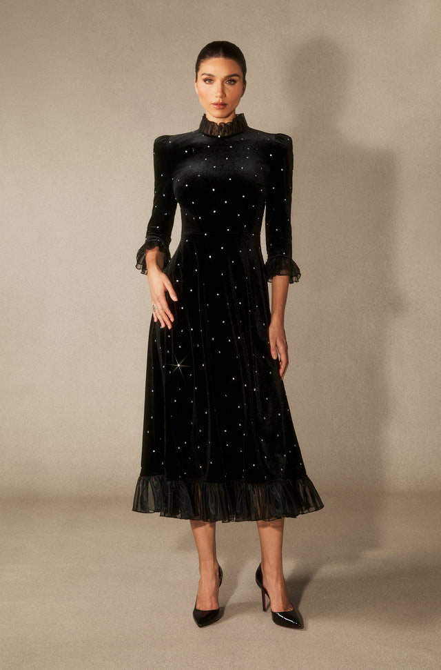 Velvet Diamante Ruffle Maxi Dress - 6