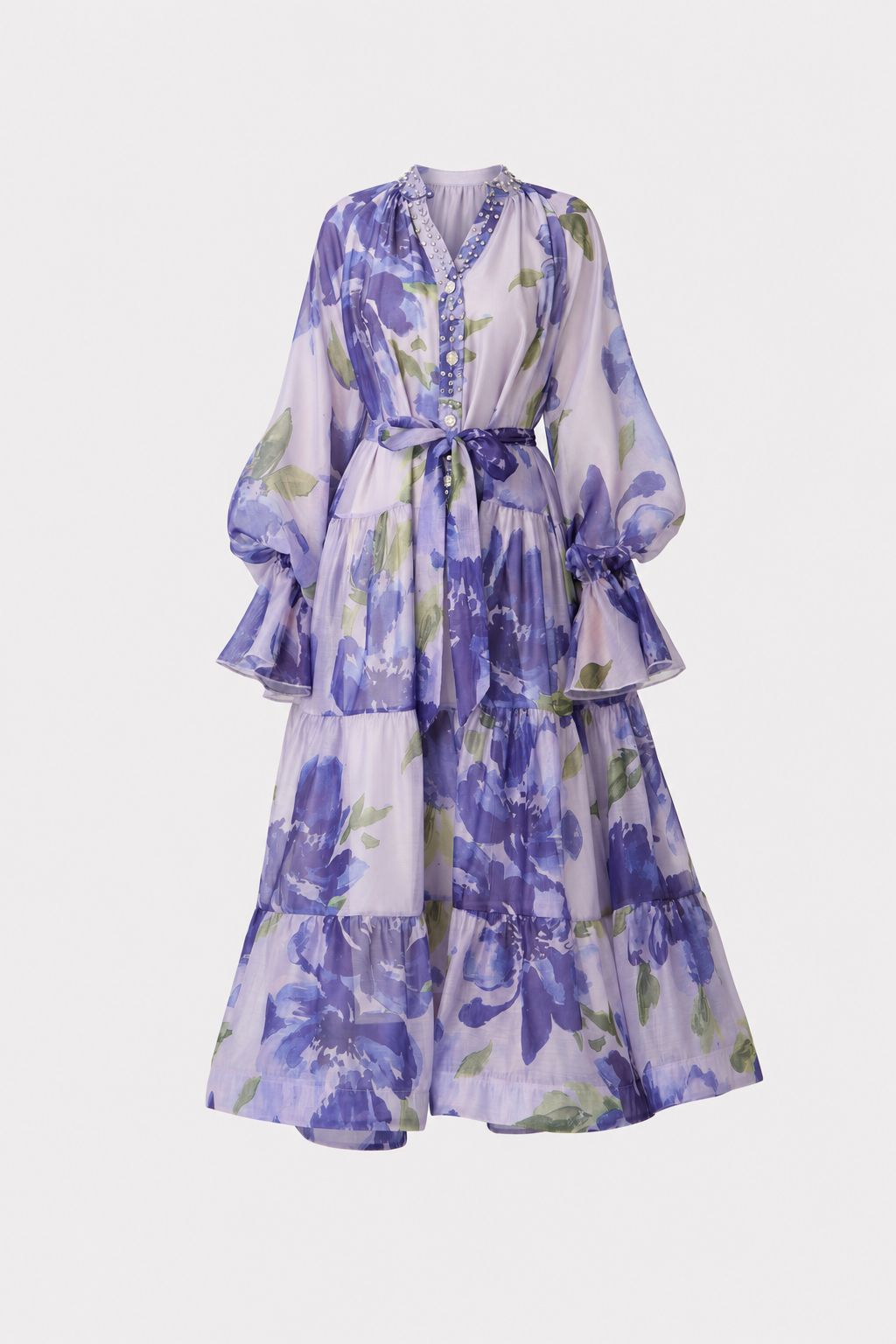 Purple floral print tiered maxi dress