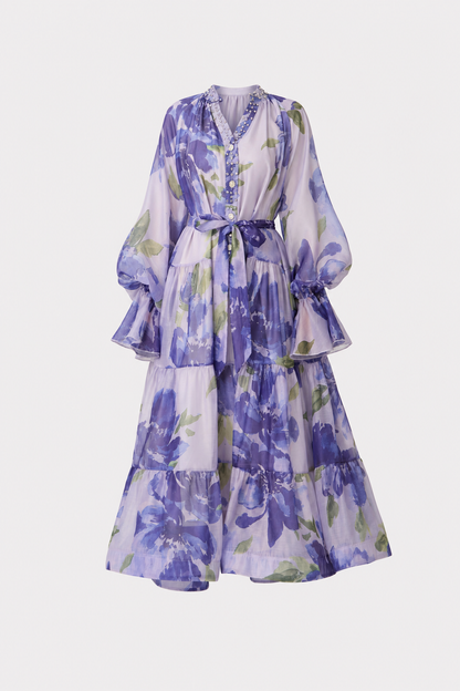 Purple floral print tiered maxi dress
