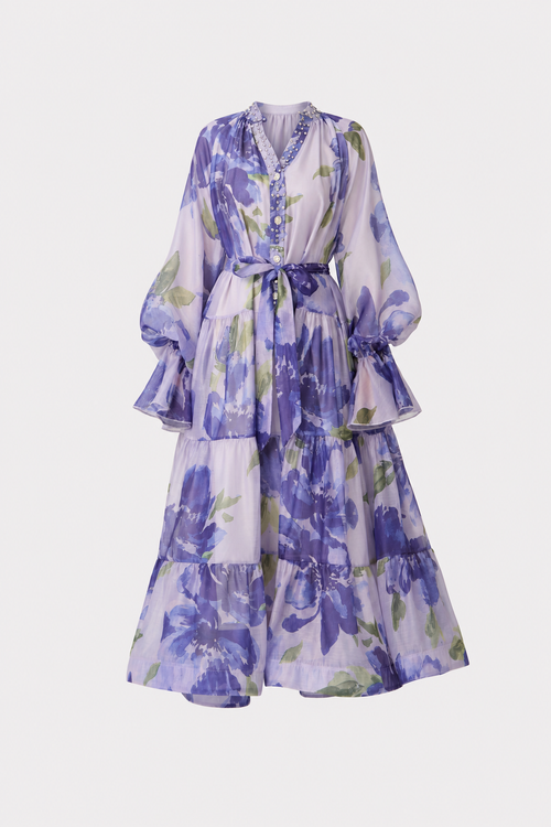 Purple floral print tiered maxi dress