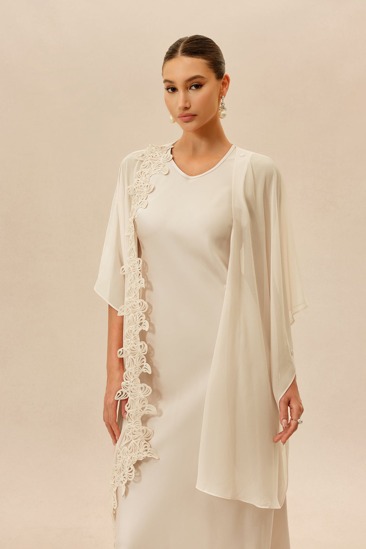 Beige Maxi Dress with Lace Cape Overlay - view 3