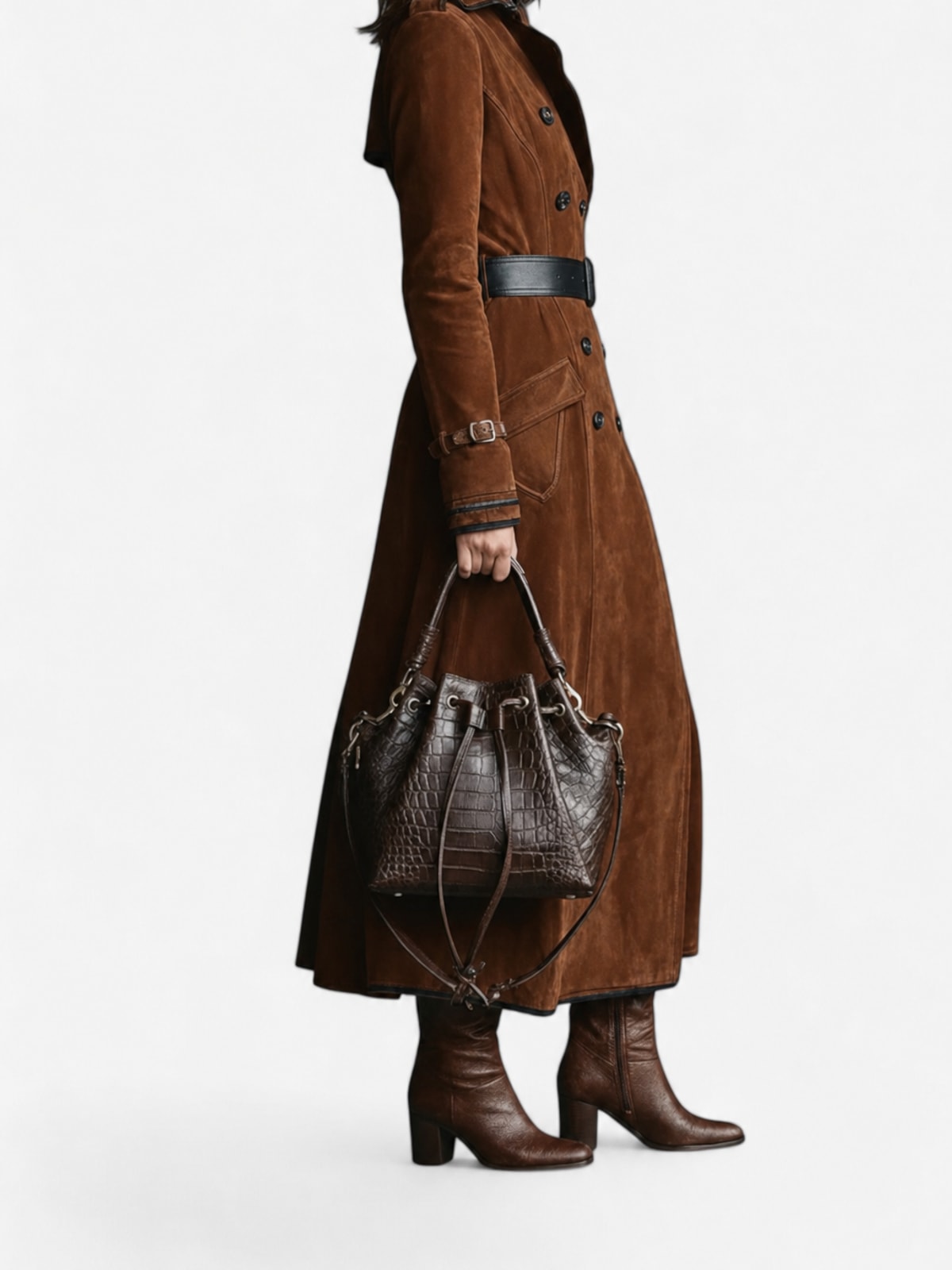 Faux Suede Double Breasted Long Trench Coat - 5