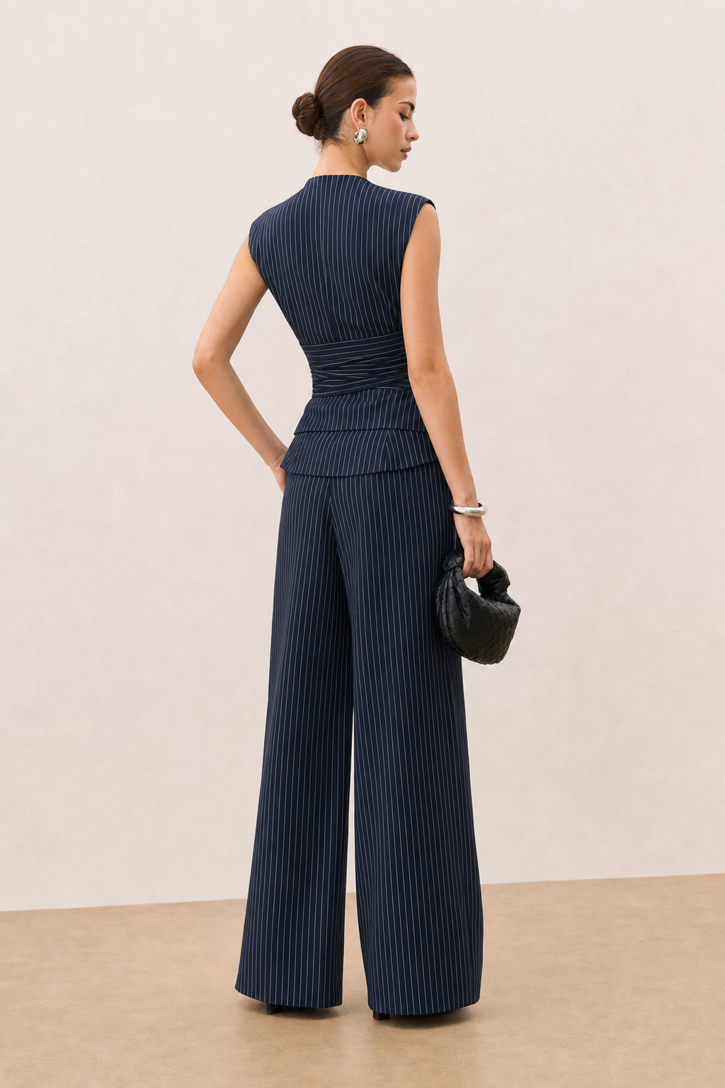 Navy woven pinstripe top and pant set - view 4