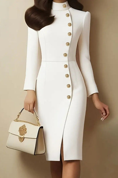 Stand Collar Metal Button Midi Dress - view 2