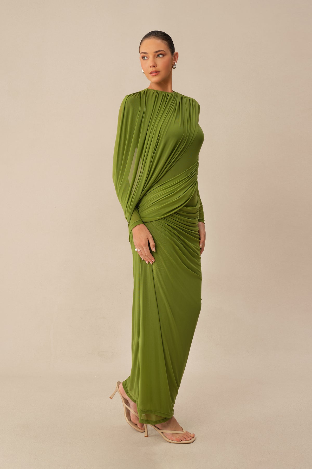 High Neck Maxi Dress with Asymmetric Drape - view 5