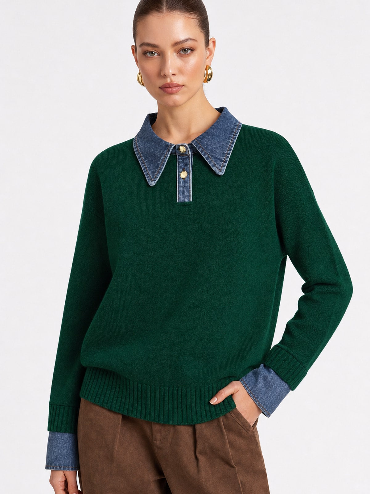Knit Panel Lapel Relaxed Sweater - 11