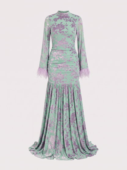 Blue velvet floral maxi dress with feather cuffs