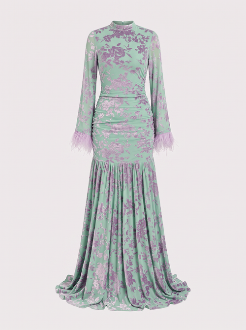 Blue velvet floral maxi dress with feather cuffs