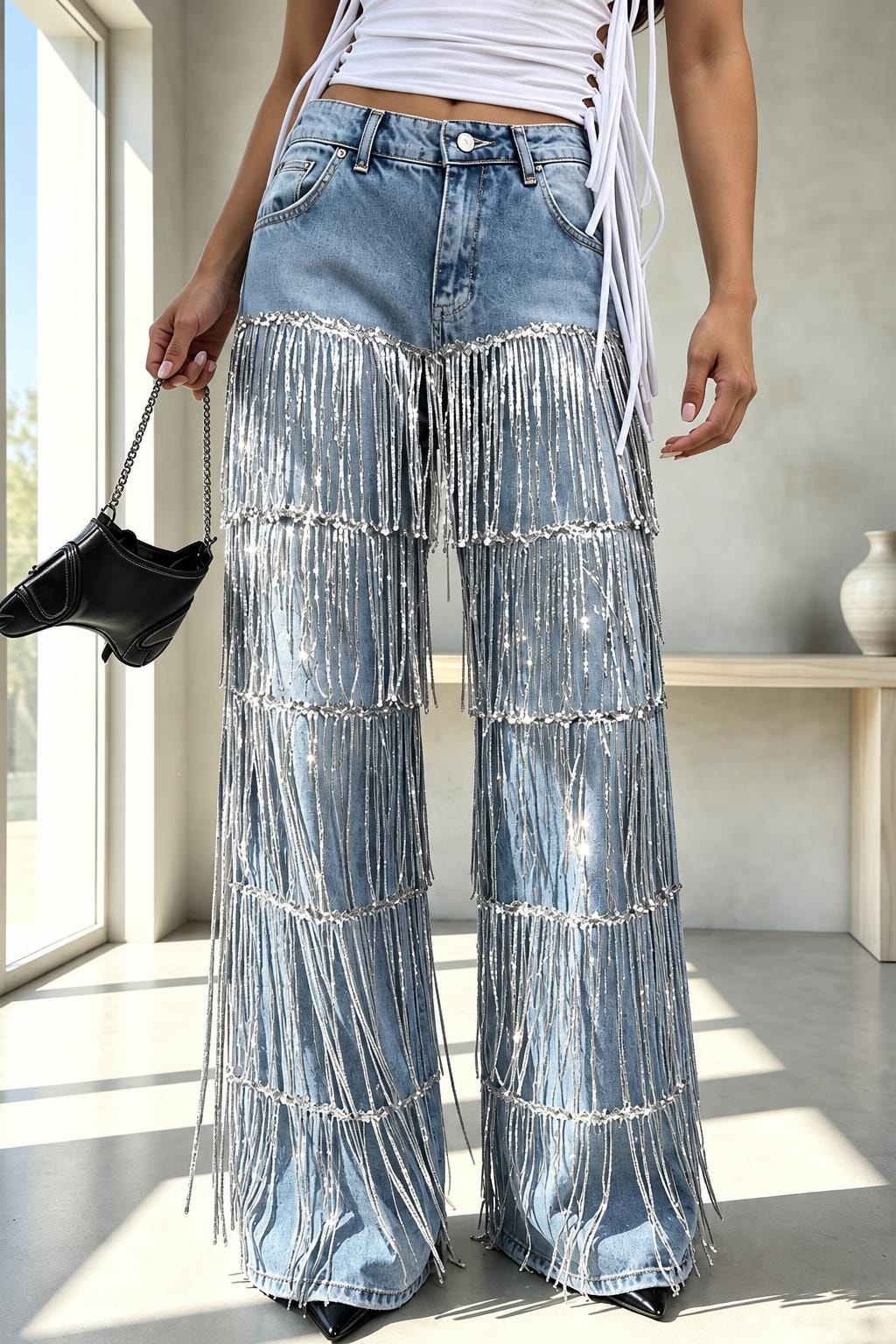 Denim High Rise Wide Leg Jeans With Tassel Detail - 4