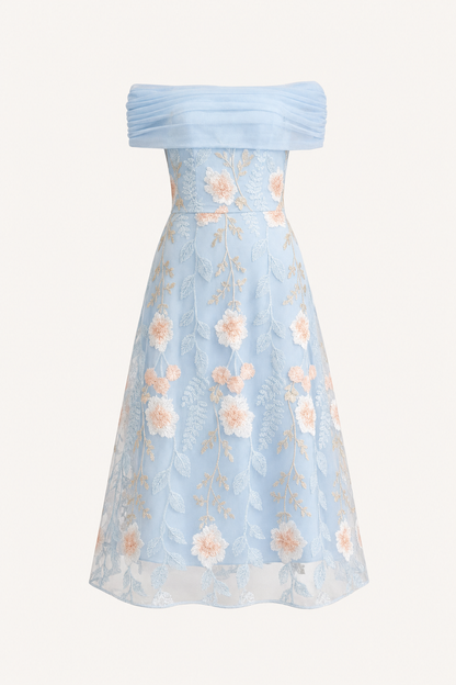 One-Shoulder Floral Applique Midi Dress