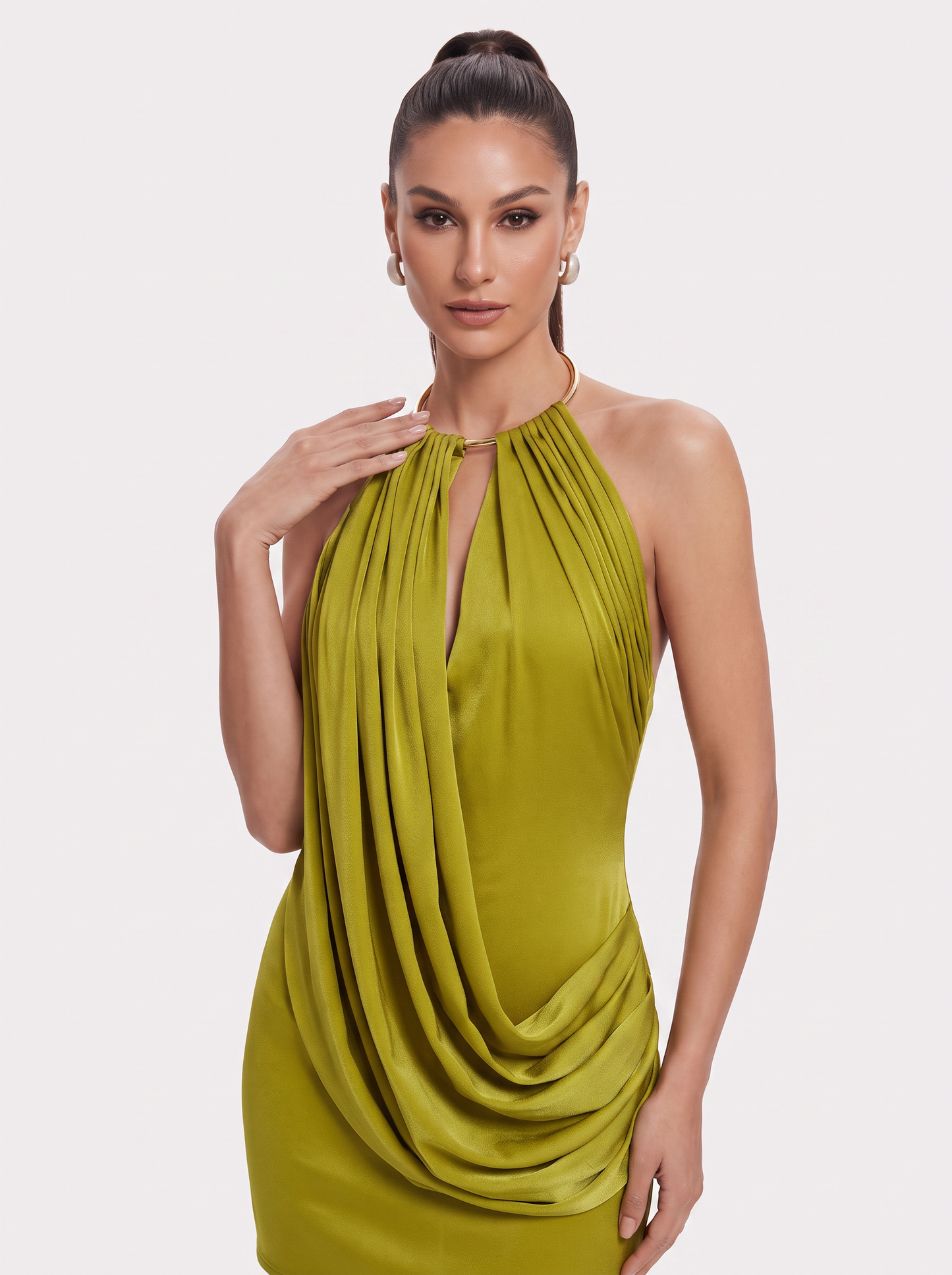 Metallic Satin Ruched V-Neck Mini Dress - view 3