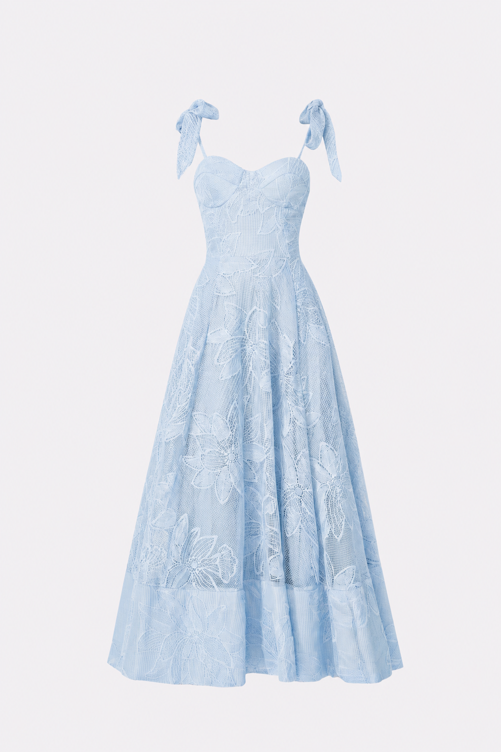 Blue Floral Lace Maxi Dress with Bow Straps