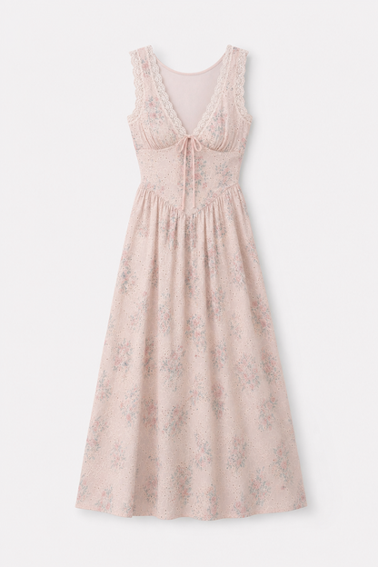 Pink Floral Lace V-Neck Maxi Dress