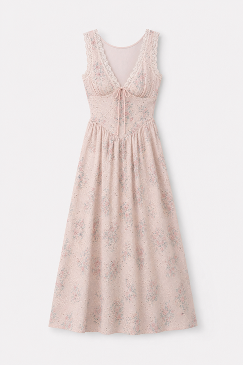 Pink Floral Lace V-Neck Maxi Dress